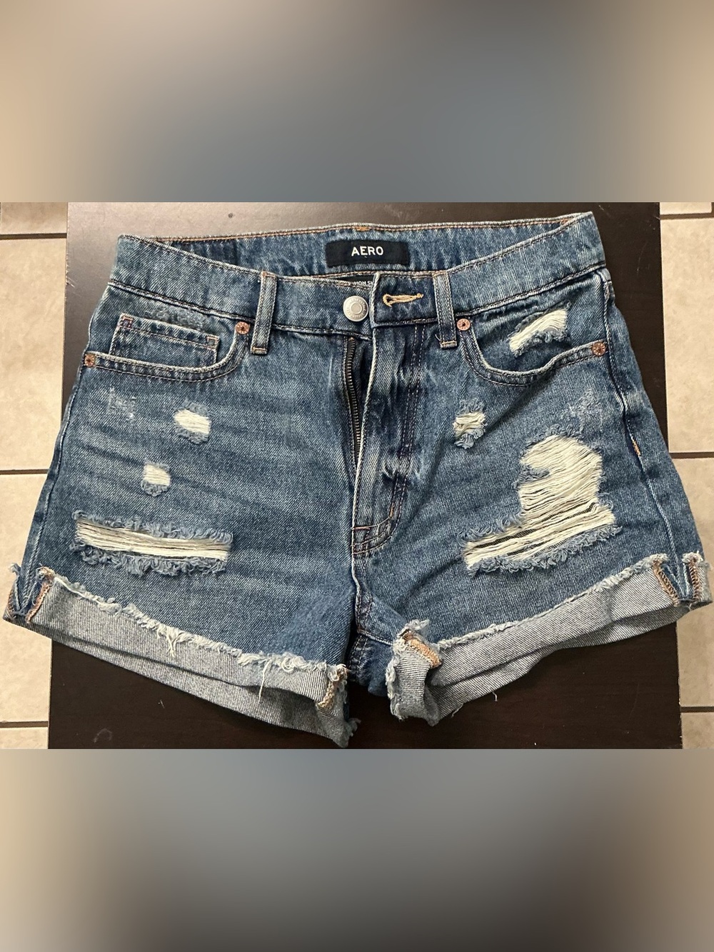 AERO Women's Distressed Denim Jean Shorts - Medium Blue
